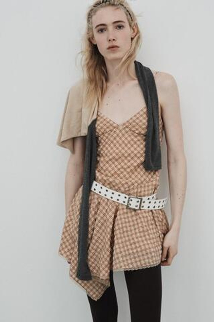 ZARA КОРОТКОЕ ПЛАТЬЕ В КЛЕТКУ С КРУЖЕВОМ, РАЗНОЦВЕТНЫЙ