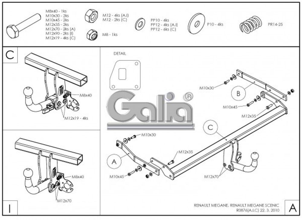 Фаркоп оцинкованный Galia R087A для Renault Megane III хетчбек 5 дверей 2008-2016, Renault Scenic III 2010-2016(паспорт и сертификат в комплекте)(без электрики)