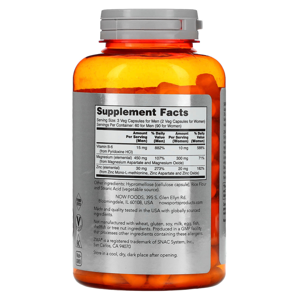 NOW Foods, Sports, ZMA, восстановление после физической активности, 180 веганских капсул