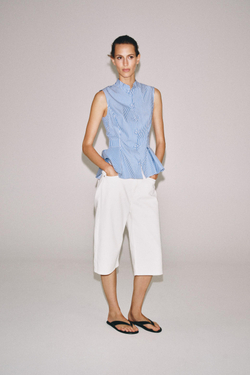 ZARA РУБАШКА С БАСКОЙ В ПОЛОСКУ, СИНИЙ/БЕЛЫЙ