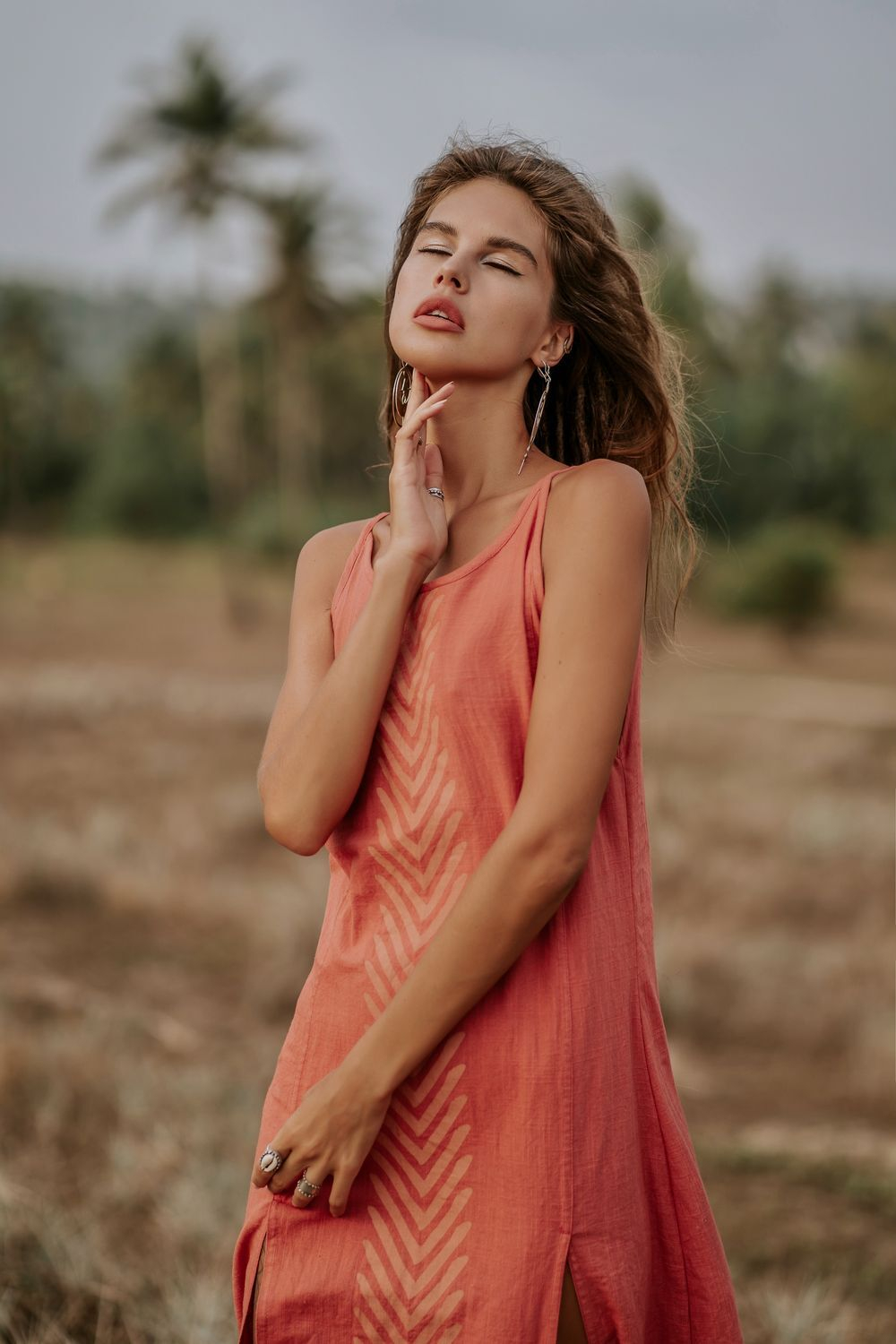 Длинное бохо-платье (корал)