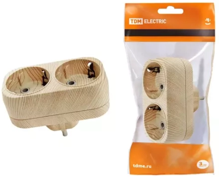 Двойник- блок на 2 гнезда 2П+3, плоский, 16А 250В ЭКО сосна