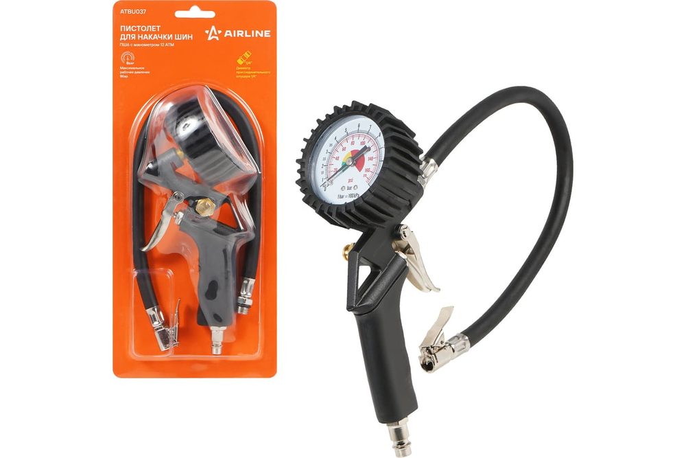 Пневматический пистолет для накачки шин с манометром 8 атм AIRLINE ATBU037