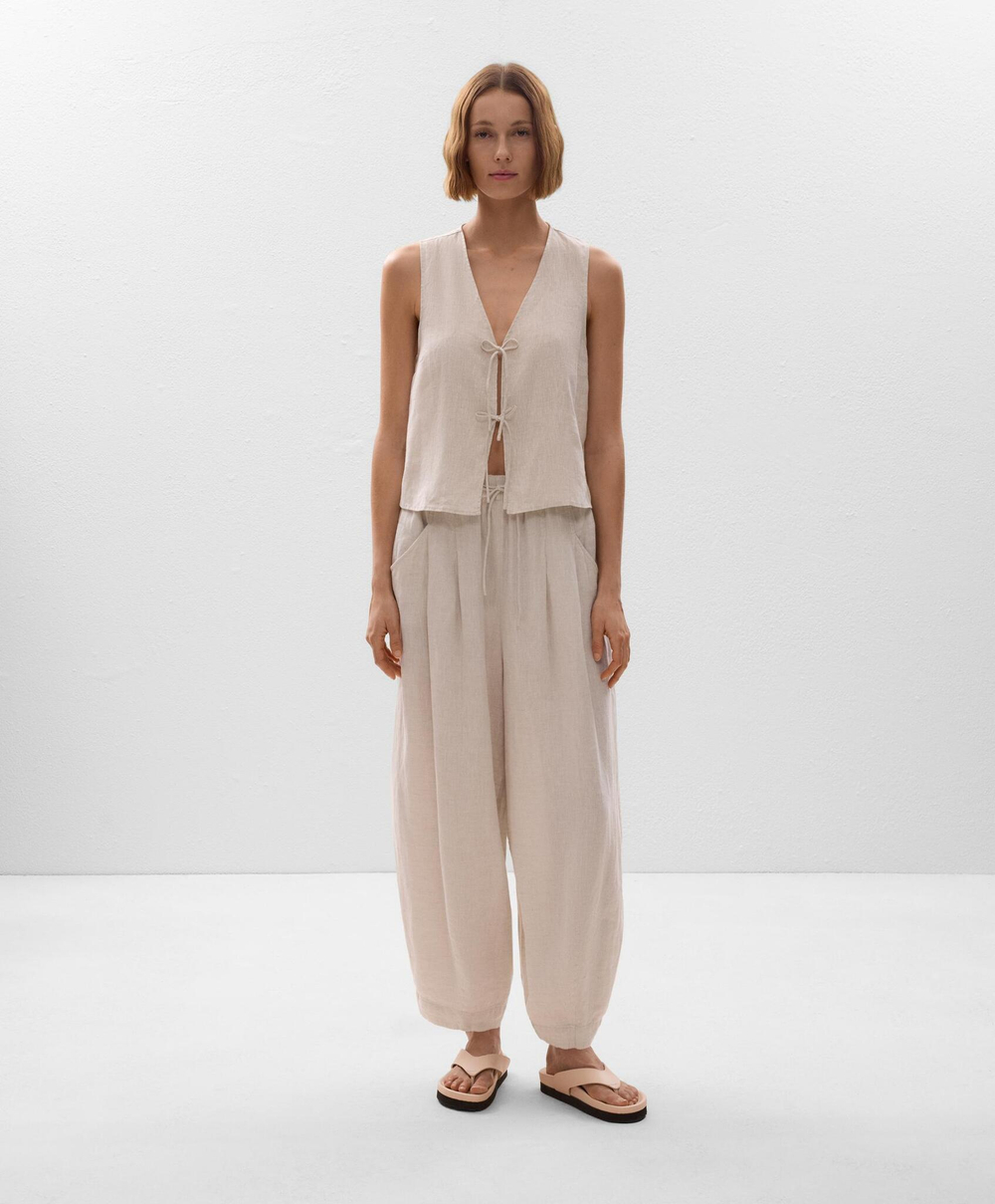 Oysho Топ с завязками из 100% льна, песочный меланж