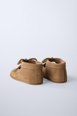 ZARA КОЖАНЫЕ БАЛЕТКИ С БАНТОМ, КОРИЧНЕВЫЙ