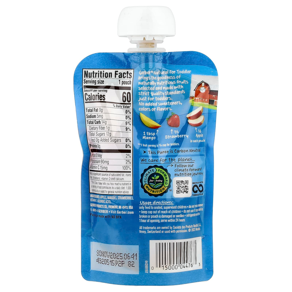 Gerber, Natural, для малышей от 12 месяцев, яблоко, манго, клубника с витамином C, 99 г (3,5 унции)