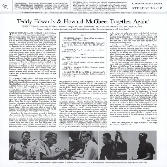 Teddy Edwards, Howard McGhee – Together Again! - Analogue, Acoustic Sounds - LP