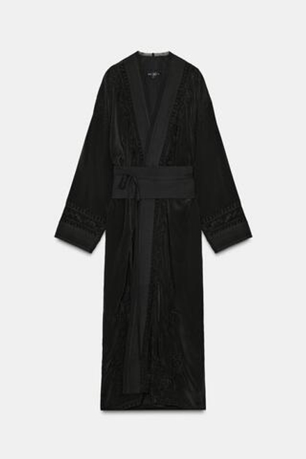 ZARA КИМОНО С ВЫШИВКОЙ И ПОЯСОМ — ZW COLLECTION LIMITED EDITION, ЧЕРНЫЙ