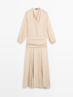 Massimo Dutti Длинное струящееся платье с оборками, цвет шампанского