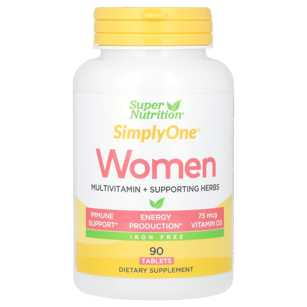 Super Nutrition, SimplyOne, мультивитамины и полезные травы для женщин, без железа, 90 таблеток