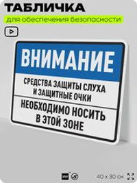 Табличка для обеспечения безопасности "Средства защиты слуха и защитные очки", для производства, предприятия, организаций, 40х30 см, Silver Plane x Айдентика Технолоджи