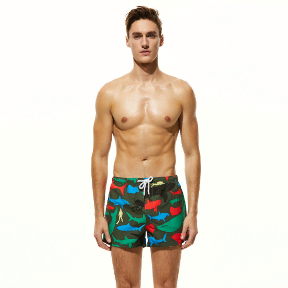 Мужские пляжные шорты темно-зеленые с узором SEOBEAN 34773