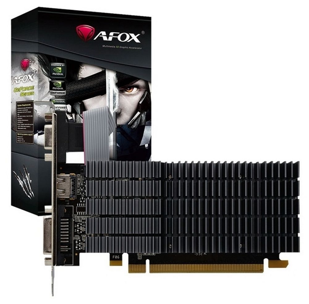 Видеокарта AFOX NVIDIA GeForce G210, 1Гб GDDR2, 64 бита, LP, Retail, PCIe2.0, пассивная, 1-SLOT, 30Вт, VGA, HDMI, DVI (AF210-1024D2LG2)