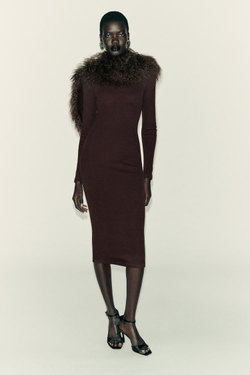 ZARA ПЛАТЬЕ МИДИ В РУБЧИК, КОРИЧНЕВЫЙ