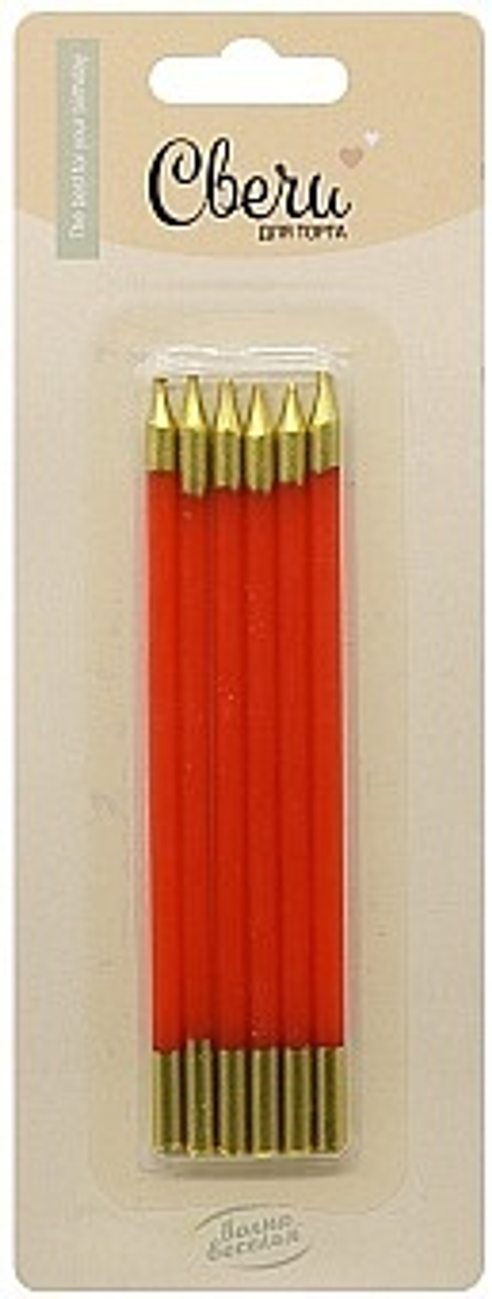 Свечи Люкс Красный/Золото Металлик 0,5*12 см. 6 шт.