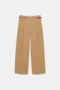 ZARA БРЮКИ С ЗАЩИПАМИ И РЕМНЕМ, РЫЖЕВАТО-КОРИЧНЕВЫЙ