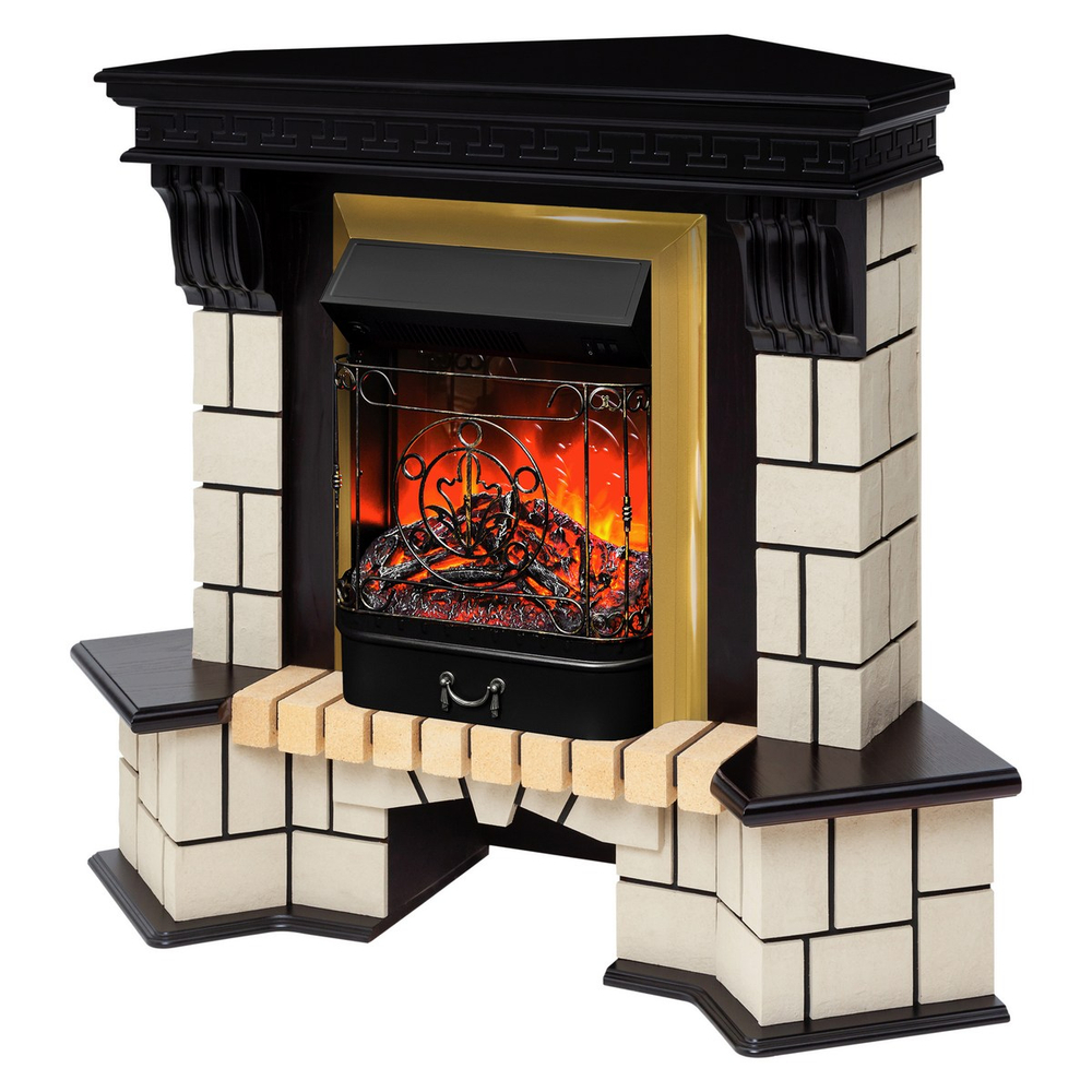 Электрокамин RealFlame Stone Corner STD AO античный дуб с очагом Majestic Lux Brass