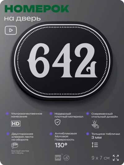 Номерок на дверь квартиры 642, для кабинета, офиса, шильдик 9 х 7 см, черный, Айдентика Технолоджи