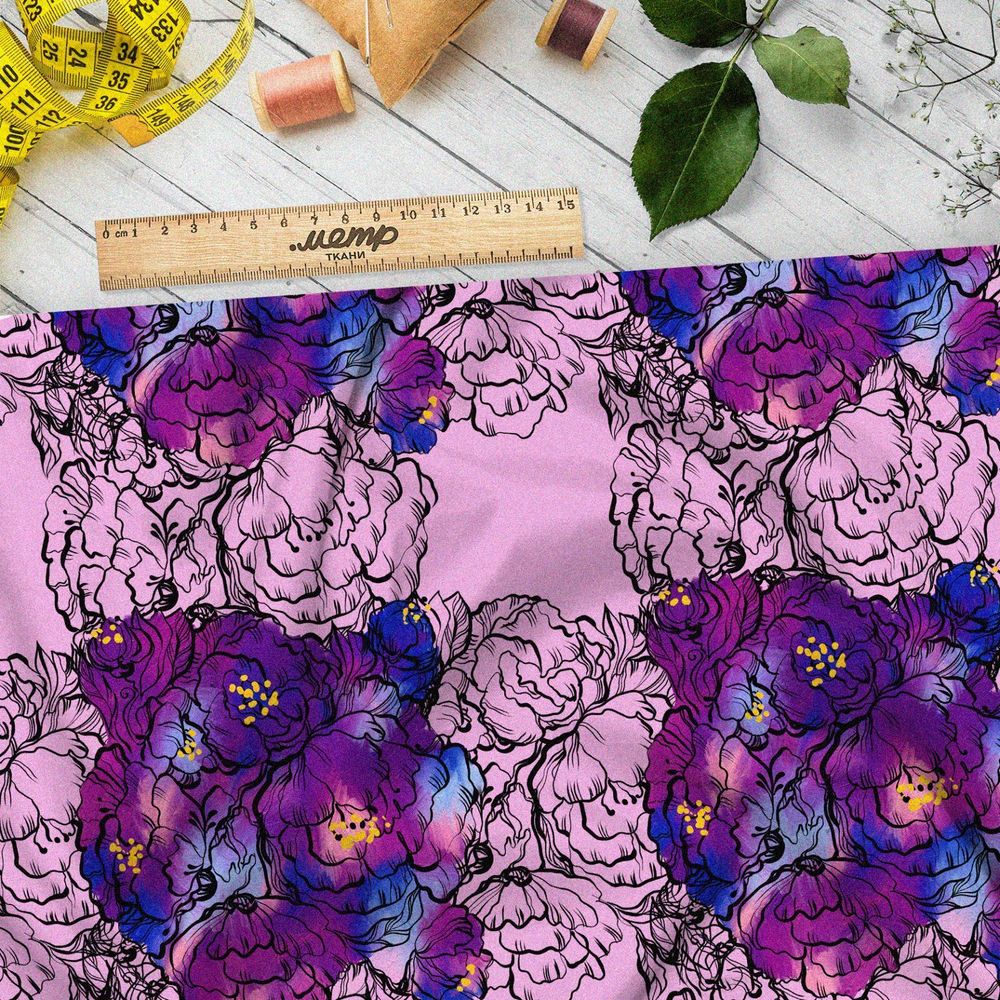 Ткань шифон сине-фиолетовые пёстрые цветы