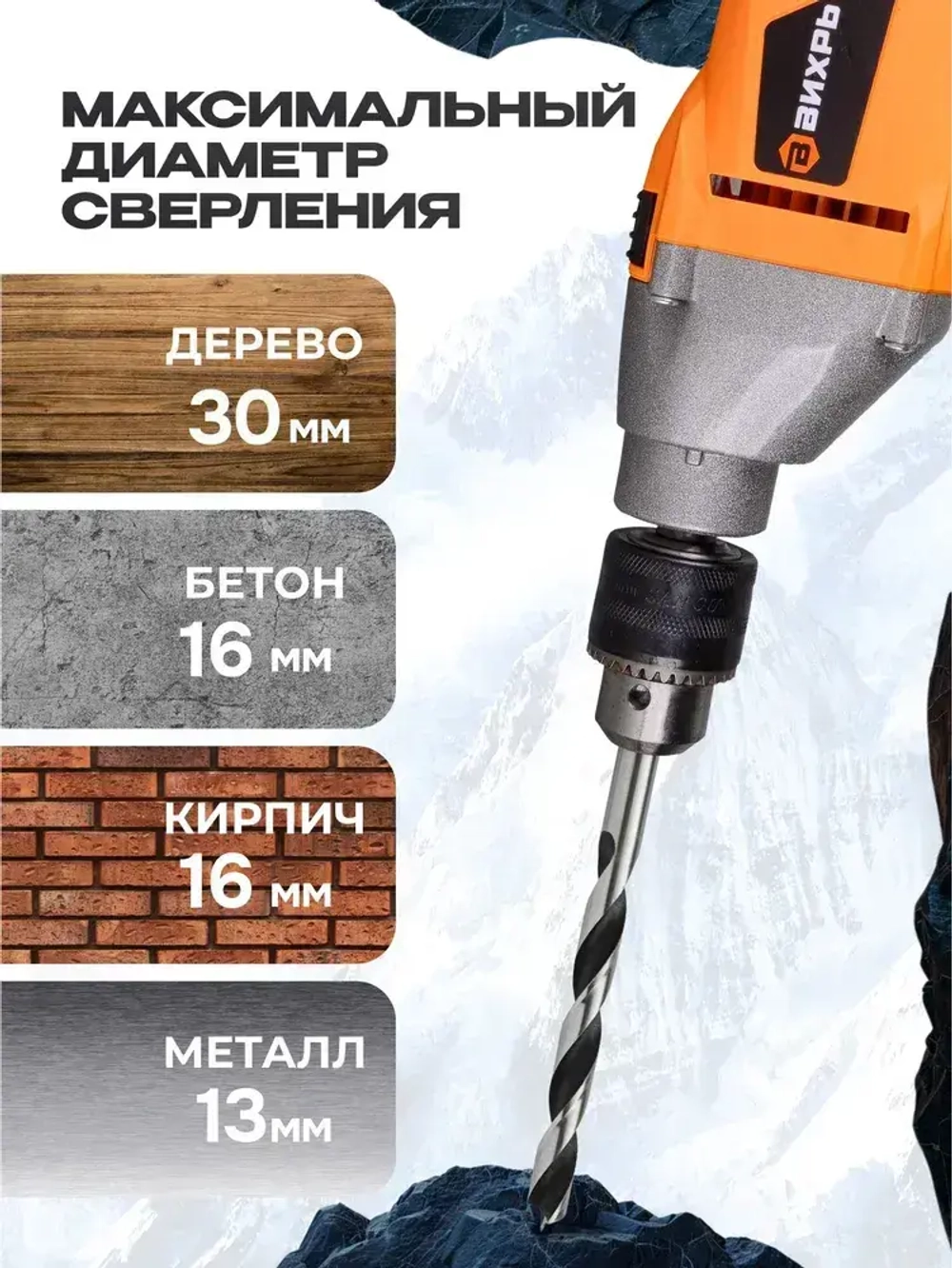 Дрель ударная электрическая ДУ-1100 Вихрь, 1100 Вт, реверс, диаметр патрона 1,5-13