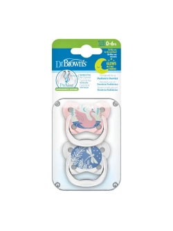 Ортодонтическая соска пустышка для новорожденных Dr. Brown's PreVent ночная с колпачком 2 шт