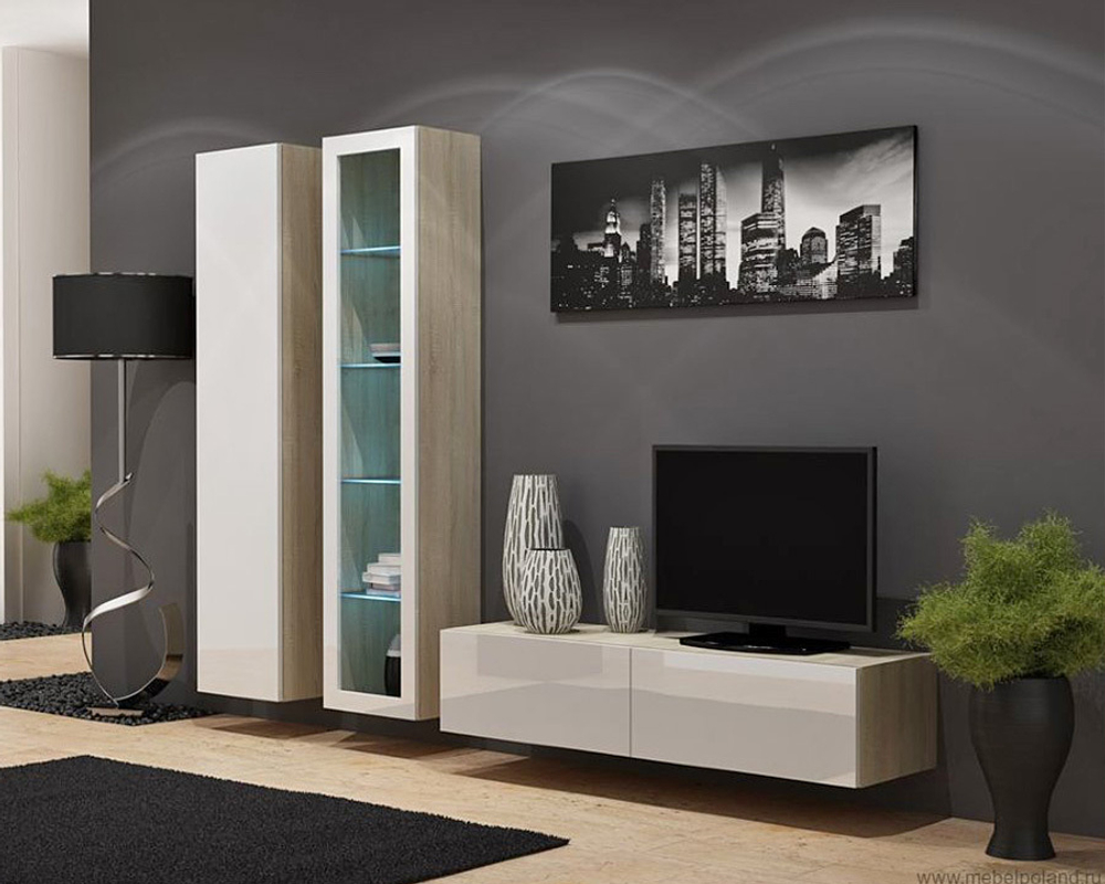 Гостиная Виго 10 МДФ Белый DM635-6 / Дуб Сонома 3025 220*42*180 см, Белый, Дуб Сонома   Фиеста