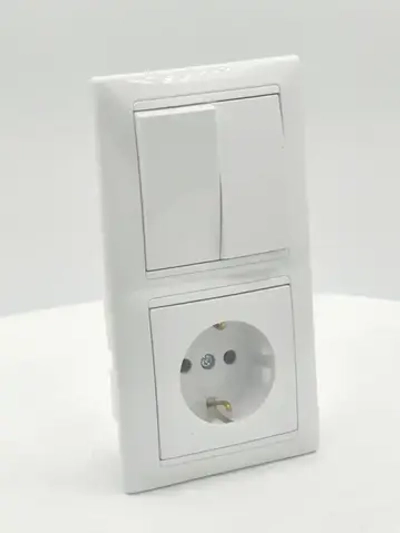 Блок Выключатель двухклавишный + розетка с заземлением скрытой установки BYLECTRICA СветоПрибор серия СТИЛЬ, белый, 2В-РЦ-693