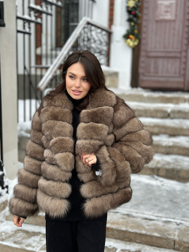 Шуба из песца с воротником «кобра»  цвет «светлый Соболь» 60см