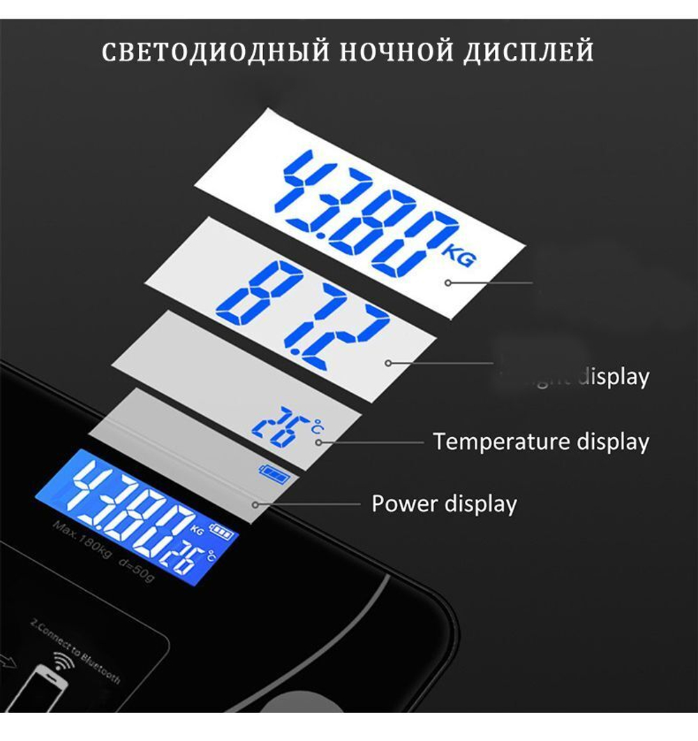 Напольные умные весы с расчётом 12 показателей качества тела, совместимые для Android, IOS