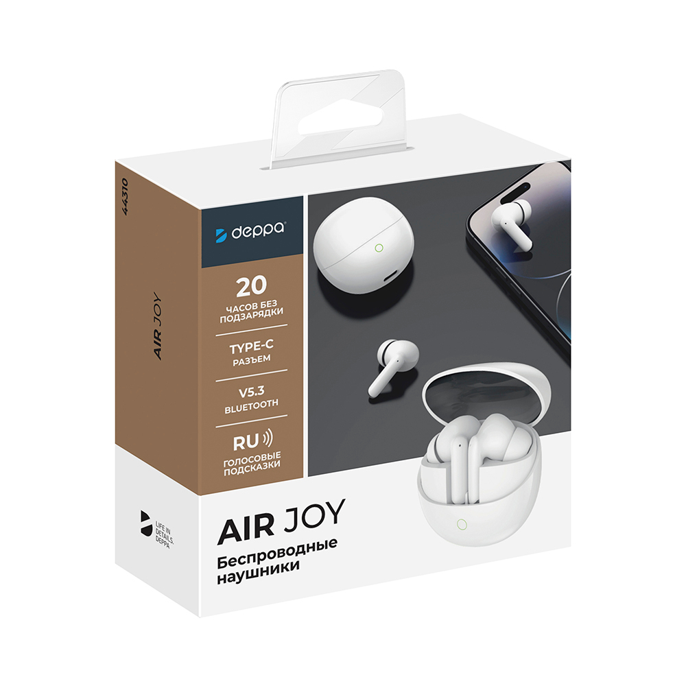 Беспроводные наушники с микрофоном Air Joy, TWS, BT 5.3, 250мАч, белый