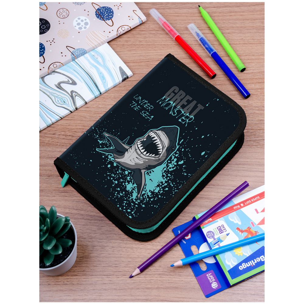 Пенал 1 отделение 200х140х40 Berlingo Sea monster 1, откидная планка, ткань