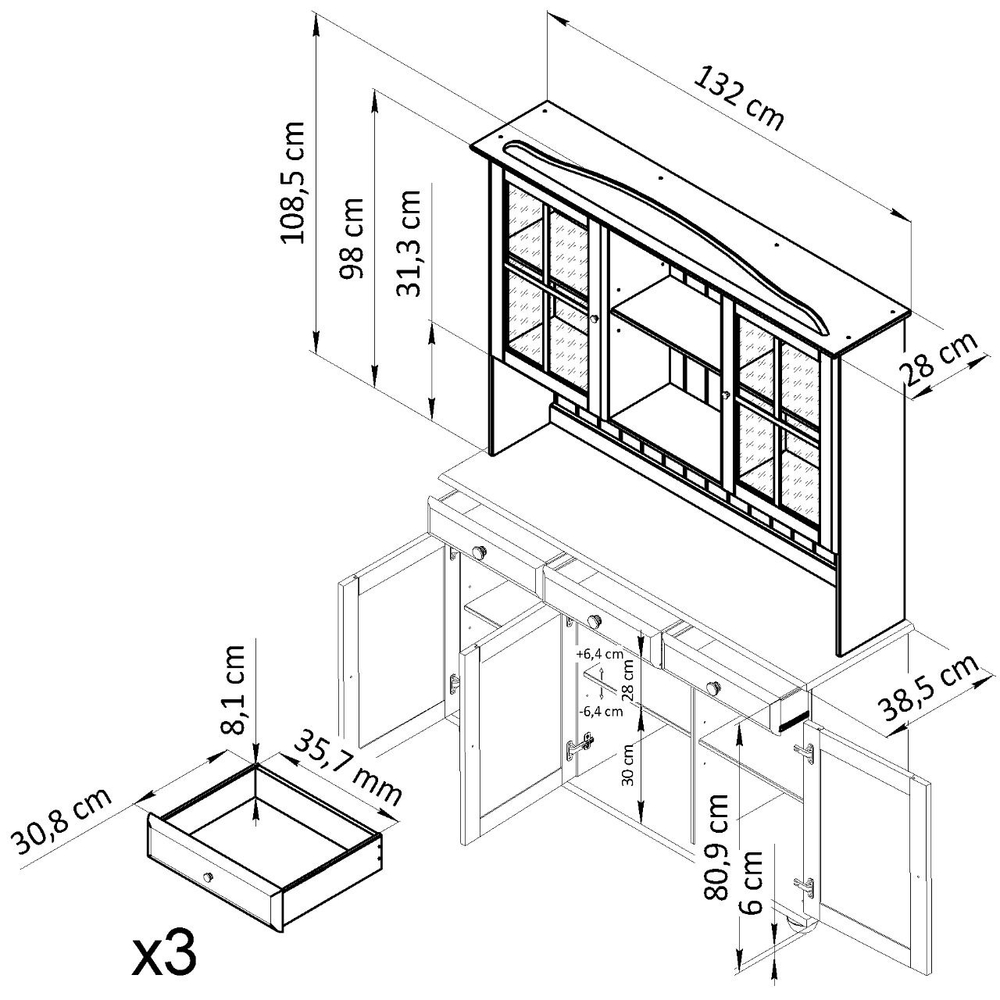 Витрина 132х28х109, Лена, стеклянная для посуды, буфет шкаф двухдверный, массив сосны, с 3 полками (верхняя часть буфета Лена), коричневый бейц, Dipriz