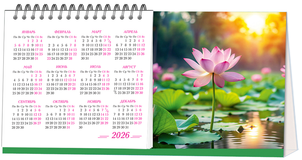 Календарь настольный горизонтальный "домик" на 2026 год, "Розовый лотос"