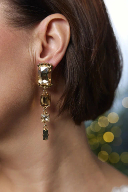 Серьги пусеты длинная дорожка из разных медовых кристаллов, оттенок золото антик