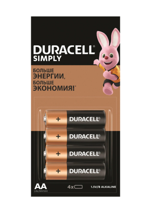 Батарейки КОМПЛЕКТ 4шт (отрывной блок) DURACELL Simply ОРИГИНАЛ, AA (LR6, 15А), алкалин, пальчиковые