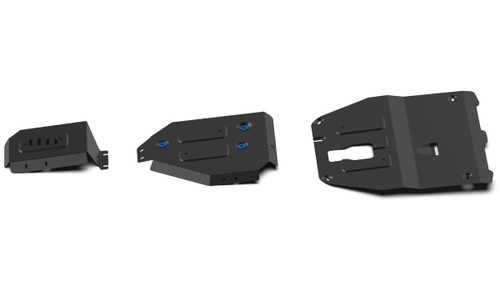 Защита картера, КПП, топливного бака и редуктора Rival для Hyundai Tucson IV (V - 2.0 (150 л.с.); 2.0D) 2021-н.в./Kia Sportage V (V - 2.5) 2021-н.в., сталь 1.5 мм, 3 части, с крепежом, штампованная, K111.2390.1