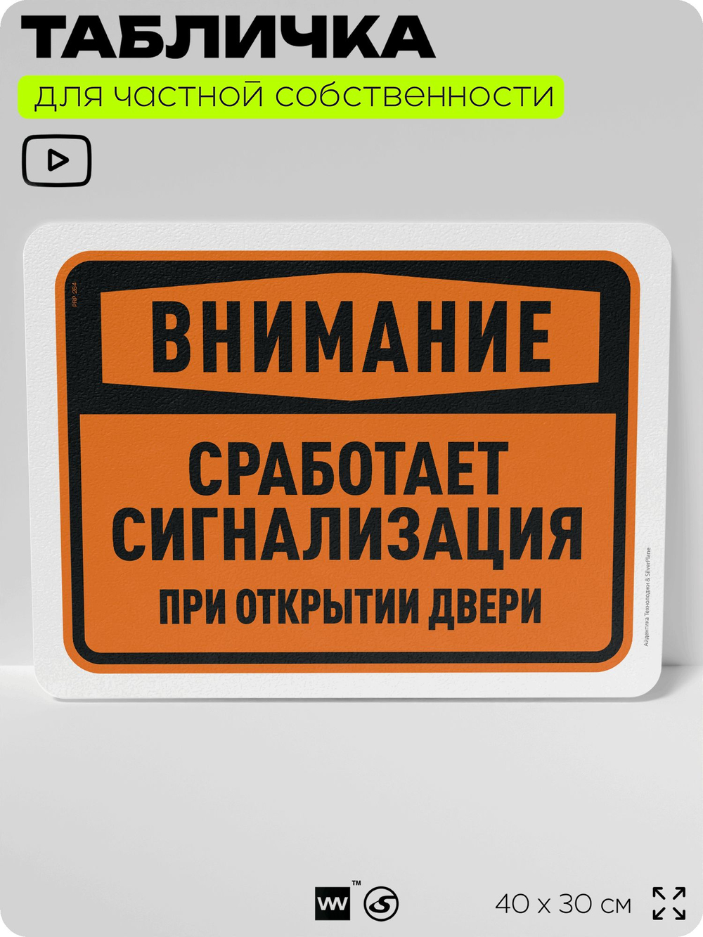 Табличка для частной территории "Внимание, сработает сигнализация при открытии двери", на дом, для участка, организаций и частных территорий, 40х30 см, Silver Plane x Айдентика Технолоджи