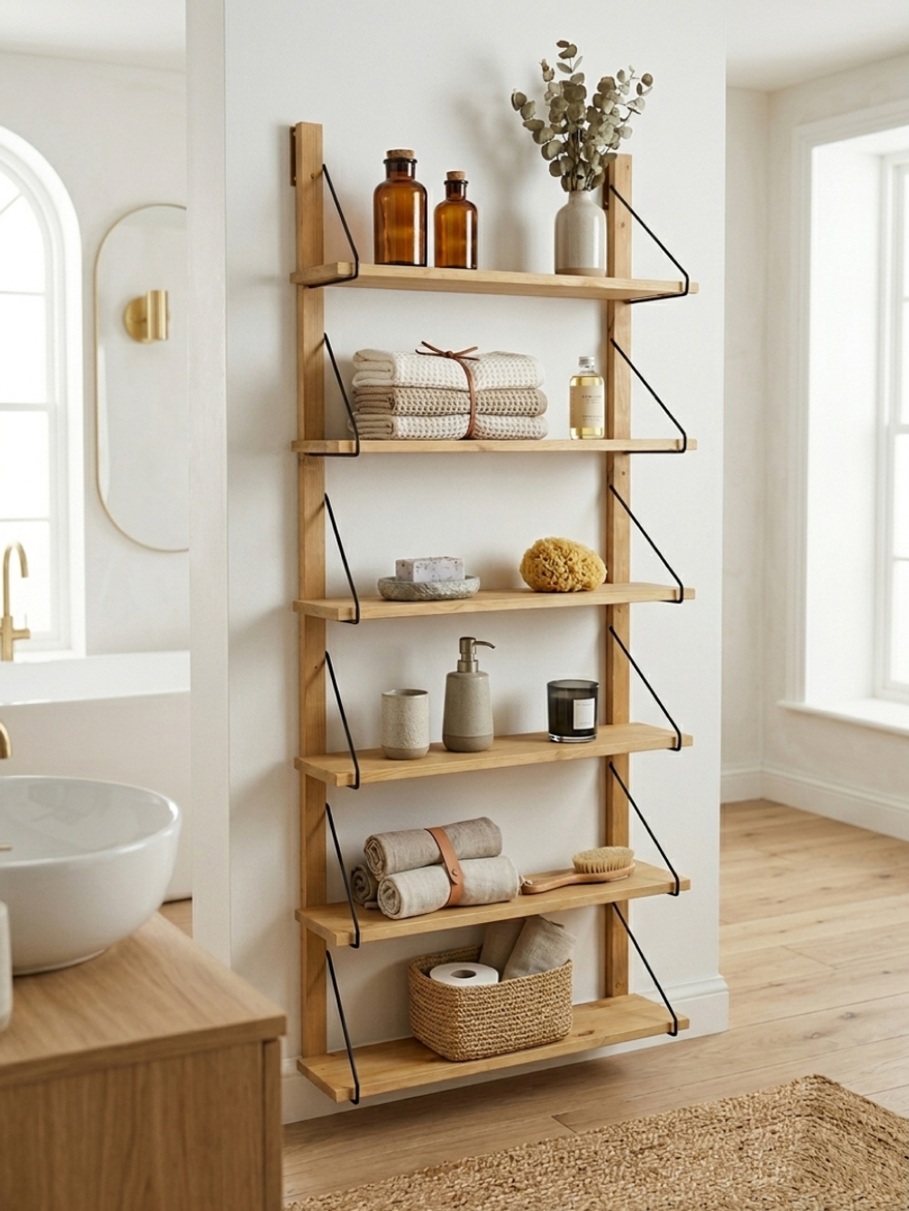 Полка настенная, 80х19х176, Alina, для ванной, стеллаж деревянный, MAKOSA