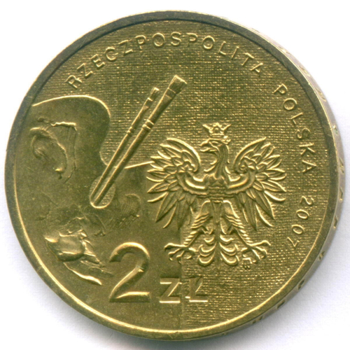 2 злотых 2007 год. Польша. Художник Леон Ян Вычулковский. Латунь AUNC