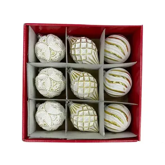 Набор пластиковых шаров Рандеву 80 мм., 9 шт., белый с золотом, Christmas DeLuxe (87804)