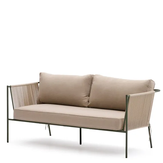 Уличный 2-х местный диван Zivia из веревки цвета экрю и стали зеленого цвета