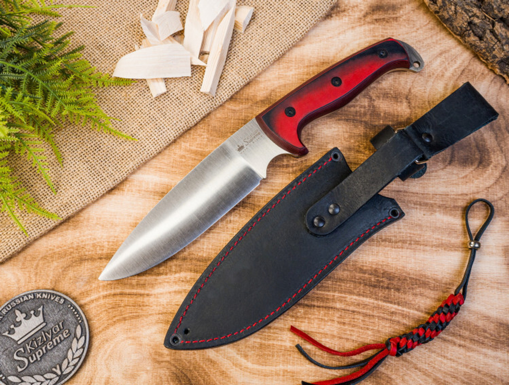 Нож Kizlyar Supreme SHARK AUS-8 SW G10-BRH LS (StoneWash, G10 Black-Red Handle, Leather Sheath)
