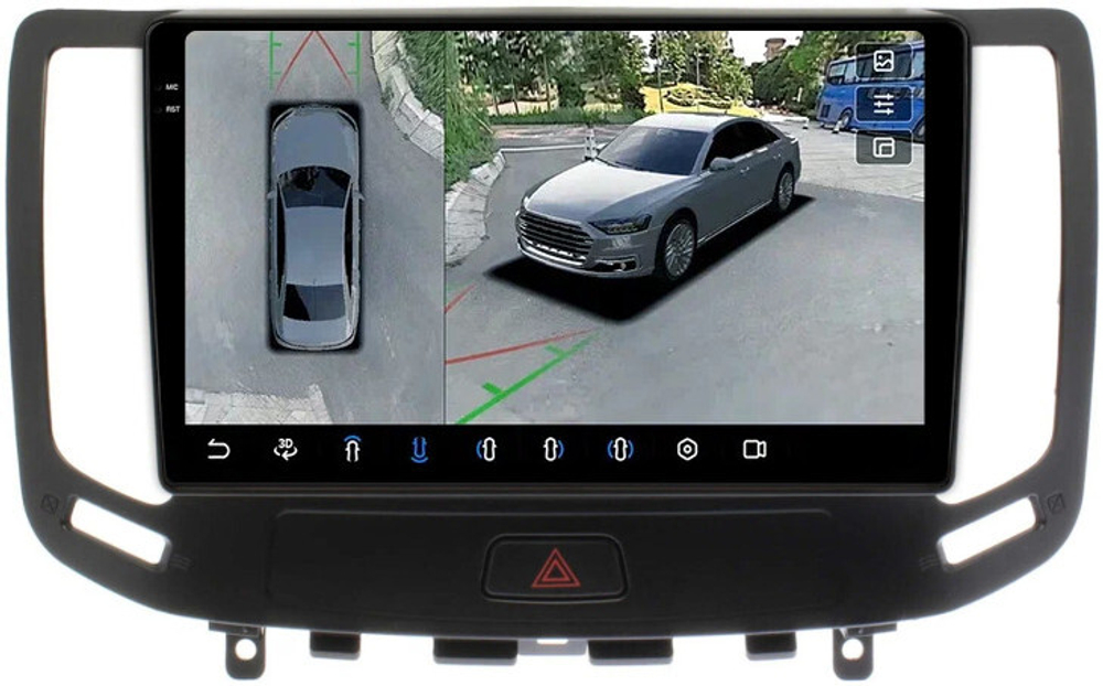 Магнитола для Infiniti G25, G35, G37, Nissan Skyline V36 2006-2013 (поддержка Bose) - FarCar BX9-360-9676 монитор 9.5" 2K QLED на Android 13, 6Гб+128Гб, CarPlay, 4G SIM-слот, 4 камеры в комплекте