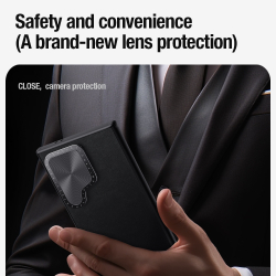 Чехол с вставками из кожи от Nillkin для Samsung Galaxy S24 Ultra, с откидной металлической крышкой для камеры, серия CamShield Prop Leather Case