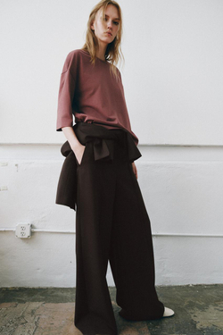 ZARA ФУТБОЛКА В СТИЛЕ РУСТИК С РУКАВАМИ ТРИ ЧЕТВЕРТИ, БАКЛАЖАННЫЙ