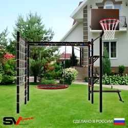 Уличная шведская стенка Sv Sport рукоход с комплектом турник прямой 2шт У5536.2К (Брусья/Стойка/Скамья/Гнездо 115см/Щит баскет/Сетка)