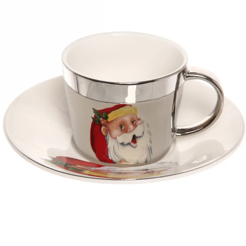 Чайная пара (зеркальная кружка 230мл+блюдце) анаморфный дизайн «Дед мороз», белая