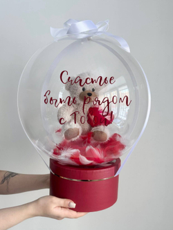 Воздушные гелиевые шары шляпная коробка с мишкой/медведь №4594