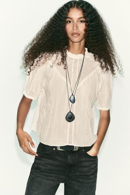 ZARA БЛУЗКА В СТИЛЕ РУСТИК С МЕРЕЖКОЙ, ЭКРЮ