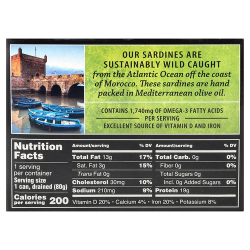 Crown Prince Natural, Сардины, очищенные от костей и кожи в чистом оливковом масле 3,75 унц. (106 г)